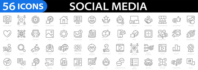 Social Media line 56 icon set. Social networks, friends, connection, network, online community, content, media, website, blog, account, feedback, marketing, like, streaming and more