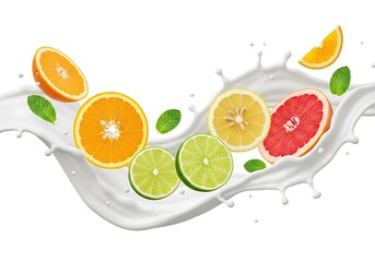 A refreshing splash of citrus fruits including oranges, lemons, limes, and grapefruit, isolated on white background