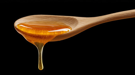 Honey dripping from wooden spoon