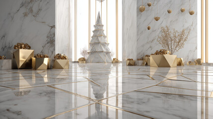 3D render of a modern Christmas setup marble flooring and geometric tree.