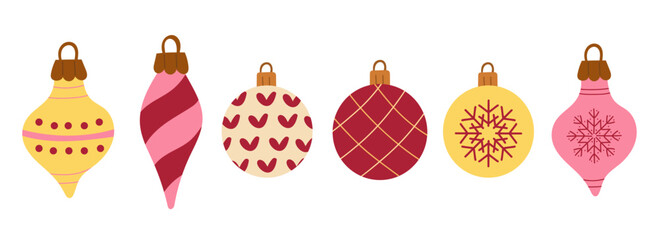 Christmas ornament set with six decorative baubles in pink, red, and yellow colors with snowflakes, stripes, dots, and heart patterns. Festive holiday elements for winter design projects.