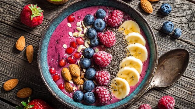 Vibrant mixed berry smoothie bowl with fresh fruits