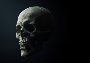 Obraz premium A chilling and ancient skeletal head emerges from a dark, foreboding background, conveying a sense of terror and the unknown ,artistic ,memento mori ,fantasy art