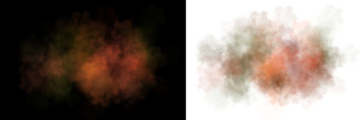 Realistic cloud of dust and smoke with soft edges and transparent texture in earthy fiery orange-green tones on a dark background.