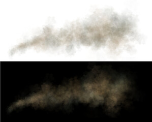 Realistic sandy dust and smoke clouds with soft edges and transparent texture on dark background for commercial visual use