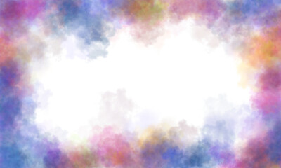 Realistic colorful smoke frame with soft edges and transparent texture in vibrant hues surrounding white background center.