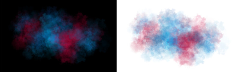 Realistic colorful smoke cloud with soft edges and transparent texture in vibrant blue and pink purples on white background.