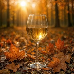 A glass of white wine rests among fallen autumn leaves in a sunlit forest, with the warm glow of the setting sun enhancing the golden hues of the scene