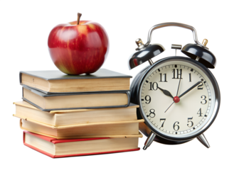 Red apple and alarm clock on a stack of books isolated on transparent background