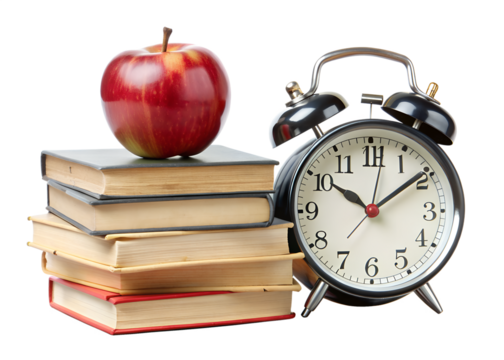 Red apple and alarm clock on a stack of books isolated on transparent background - Powered by Adobe
