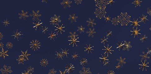 Stunning golden snowflakes against a dark blue background perfect for winter holiday themes and festive designs. Ideal for Christmas, New Year.
