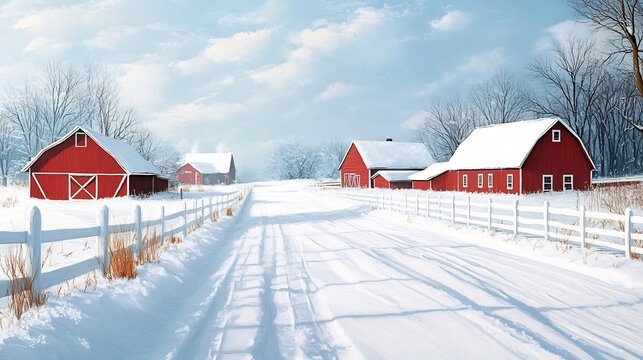 Picturesque Snowy Landscape with Red Barns and Fenced Pathway in Rural Countryside