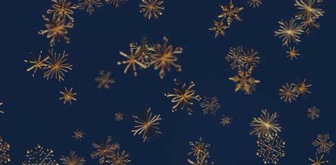 Abstract festive background of falling golden snowflakes against dark blue sky. Perfect for winter holidays, Christmas, and New Year concepts.