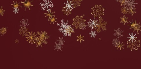 Festive background with detailed snowflakes in gold and white hues, perfect for winter holidays. Ideal for Christmas, New Year, and seasonal des
