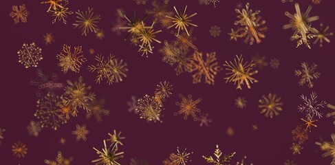 Elegant gold snowflakes on a deep burgundy backdrop, perfect for winter holiday and festive designs. Suitable for backgrounds, seasonal greeting