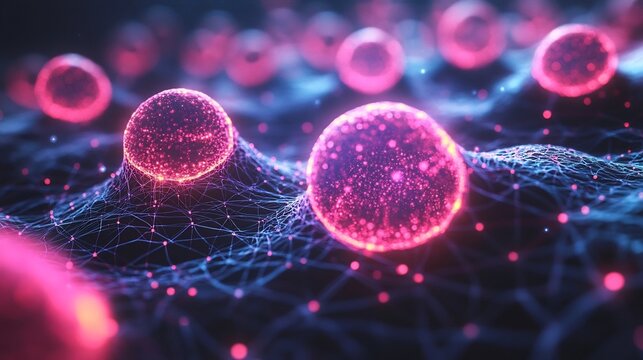 Luminous Digital Particles and Glowing Spheres in a Futuristic Technological Network