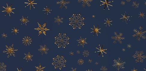 Stunning golden snowflakes floating on a rich navy blue background, perfect for winter holiday and Christmas design projects. Luxurious and fest