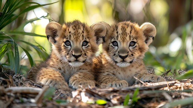 Two baby Florida panthers lying on forest floor among leaves. Cute wild kittens symbolizing future of wildlife and natural diversity