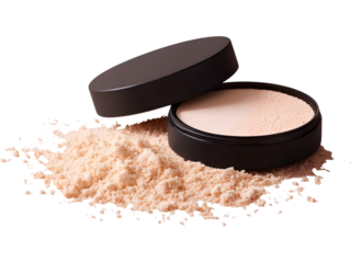 Open compact powder with mirror isolated on transparent background, symbolizing beauty and makeup essentials.