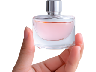 Hand holding perfume bottle isolated on transparent background, representing femininity and soft beauty.