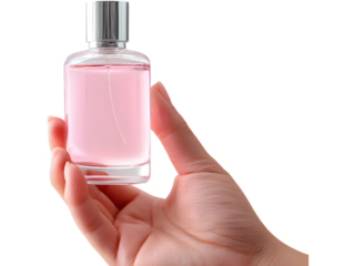 Hand holding perfume bottle isolated on transparent background, representing femininity and soft beauty.