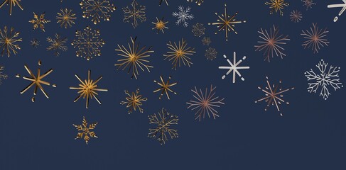 Festive background with detailed snowflakes in gold and silver on a dark blue backdrop. Perfect for holiday designs and winter celebrations.