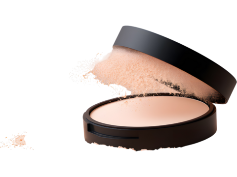 Open compact powder with mirror isolated on transparent background, symbolizing beauty and makeup essentials.