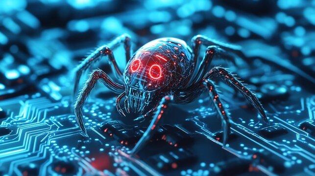 Menacing Cybernetic Spider Lurking in Digital Landscape