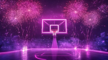 Vibrant Fireworks Exploding Over Illuminated Basketball Court at Night