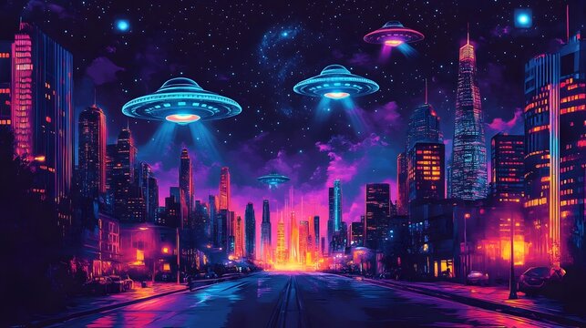 Futuristic Alien Metropolis with Glowing Neon Lights and Spaceships in the Night Sky