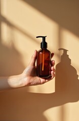 Woman hand holds brown dispenser bottle on beige background. Glass container with pump for cosmetic product. Concept of skincare spa beauty treatment. Natural organic.
