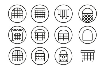 Portcullis Icons Collection. Line style icons of portcullis in round shape: iron portcullis, raised gate, descending spikes,