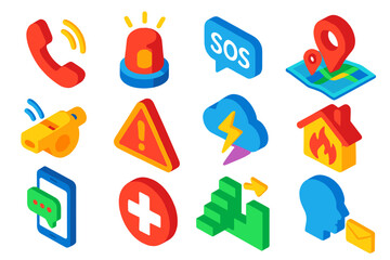 Emergency Icons Set. Isometric vector illustration set Emergency Communication Icons: emergency call icon, alert siren icon, SOS
