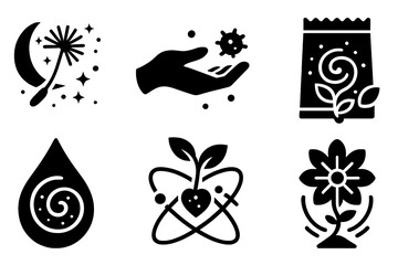 Cosmic Seeding Icons. Solid style icons of symbolic seeding concepts: Dandelion in Space, Hand Releasing Spore, Sprouting Cell in