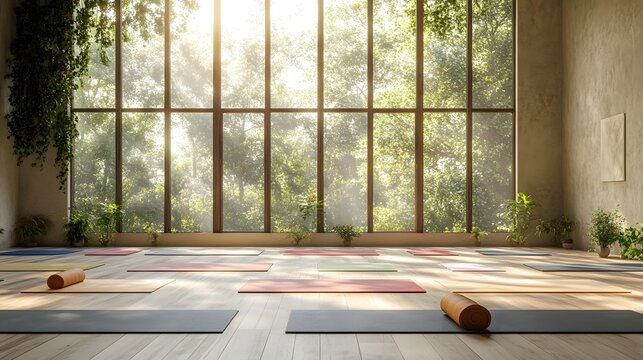 Peaceful Yoga Studio with Natural Light and Wooden Floors