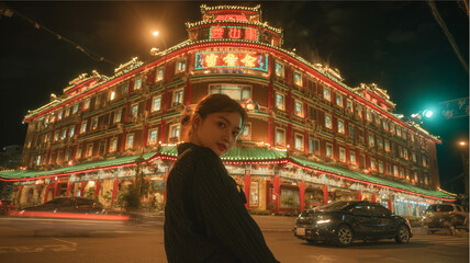 A girl posing in front of the kecprint inn at night, her face illuminated by streetlights, captured with an iphone camera effect. Ai generated