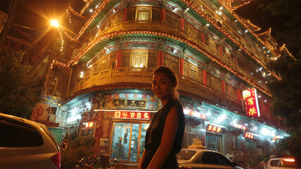 A girl posing in front of the kecprint inn at night, her face illuminated by streetlights, captured with an iphone camera effect. Ai generated