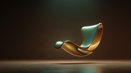 A golden-green, futuristic, minimalist chair, floating in the air on a dark brown background, with a slight light reflection. Ai generated