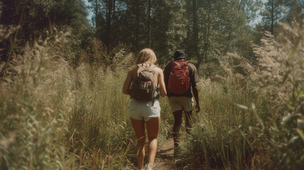 A photograph depicts a white woman and a black man hiking on a trail through tall grass. they are wearing short shorts and carrying backpacks. Ai generated