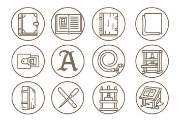 Fototapeta premium Historic Bookbinding Icons. Line style icons of historic bookbinding in round shape: medieval book, illuminated manuscript, wooden