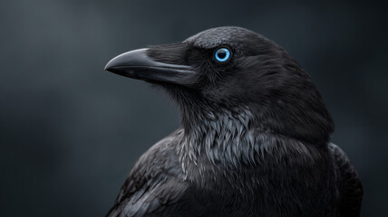 A photorealistic nikon photograph of an elegant black crow against a dark gray background. Ai generated