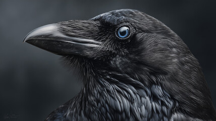 A photorealistic nikon photograph of an elegant black crow against a dark gray background. Ai generated