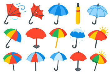 Vibrant Umbrella Icons. Isometric vector illustration set Storm Umbrella Icons: windblown umbrella, broken umbrella, open rain