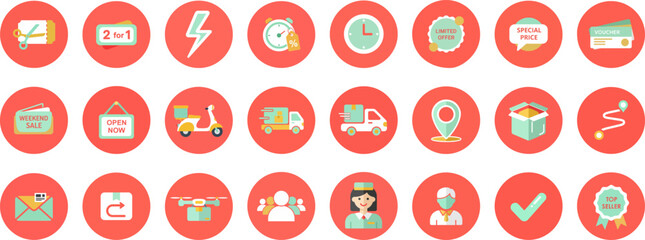 24 flat-designed circular icons on bold red background for commercial themes