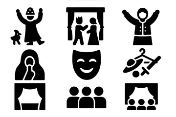 Theatrical Mumming Icons. Solid style icons of Costume Performance: Mumming, Play, Tradition, Disguise, Mask, Props, Stage,