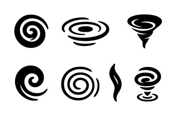Water Vortex Icons. Solid style icons of vortex in water: Whirlpool Spiral, Swirling Surface, Central Drain Hole, Spinning Funnel,