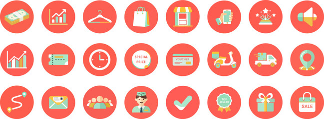 Set of 24 flat circular icons with pastel and bold colors for commerce and sales