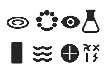 Uroscopy Symbol Icons. Solid style icons of uroscopy symbolism: Liquid Ripple, Circle of Tones, Observation Eye, Flask Shadow,