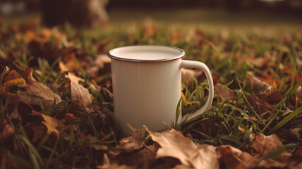 A white mug of milk on the grass, surrounded by fallen leaves. the photo was taken with an iphone and has a warm color tone. Ai generated