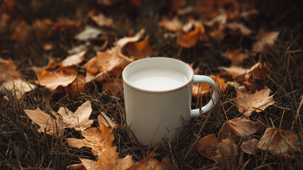 A white mug of milk on the grass, surrounded by fallen leaves. the photo was taken with an iphone and has a warm color tone. Ai generated